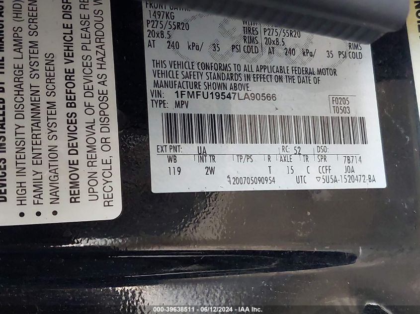 2007 Ford Expedition Limited VIN: 1FMFU19547LA90566 Lot: 39638511