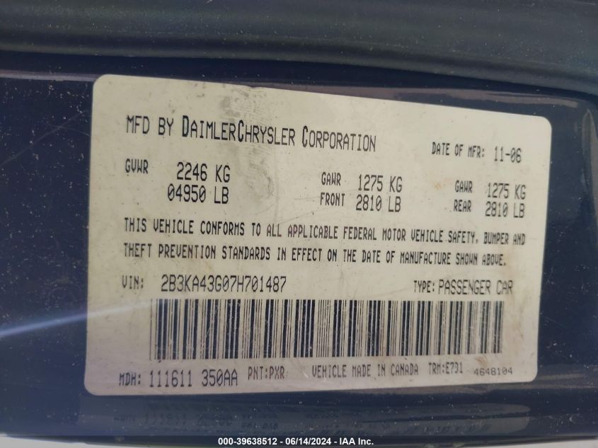 2007 Dodge Charger VIN: 2B3KA43G07H701487 Lot: 39638512