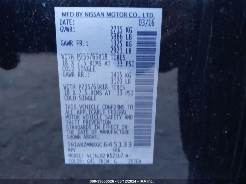 2016 Nissan Pathfinder S VIN: 5N1AR2MMXGC645133 Lot: 39638526