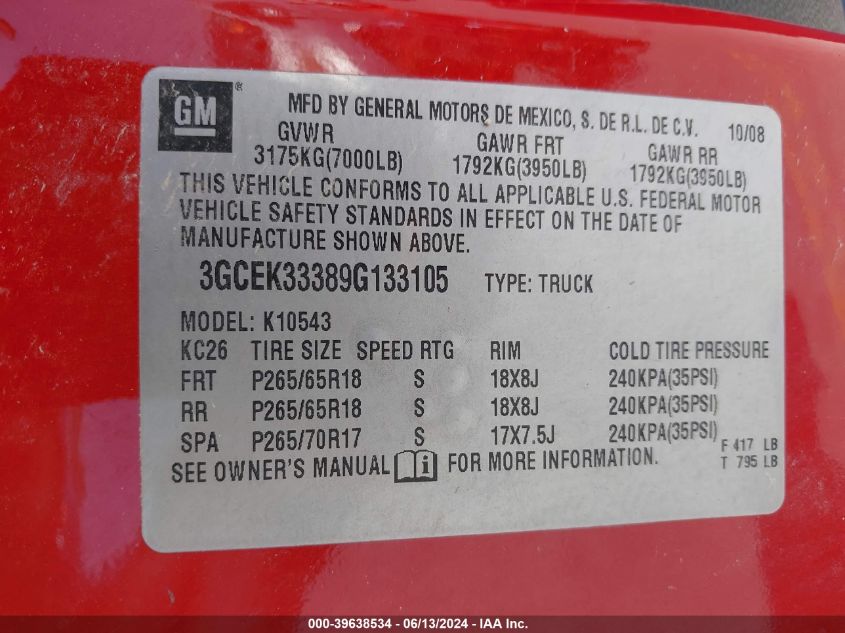 2009 Chevrolet Silverado 1500 Ltz VIN: 3GCEK33389G133105 Lot: 39638534