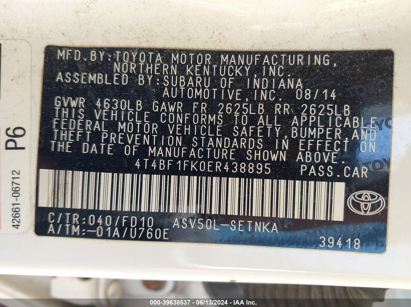 2014 Toyota Camry Le VIN: 4T4BF1FK0ER438895 Lot: 39638537