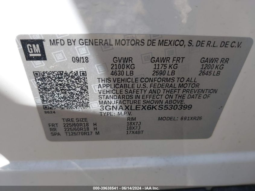 2019 Chevrolet Equinox Lt VIN: 3GNAXLEX6KS530399 Lot: 39638541