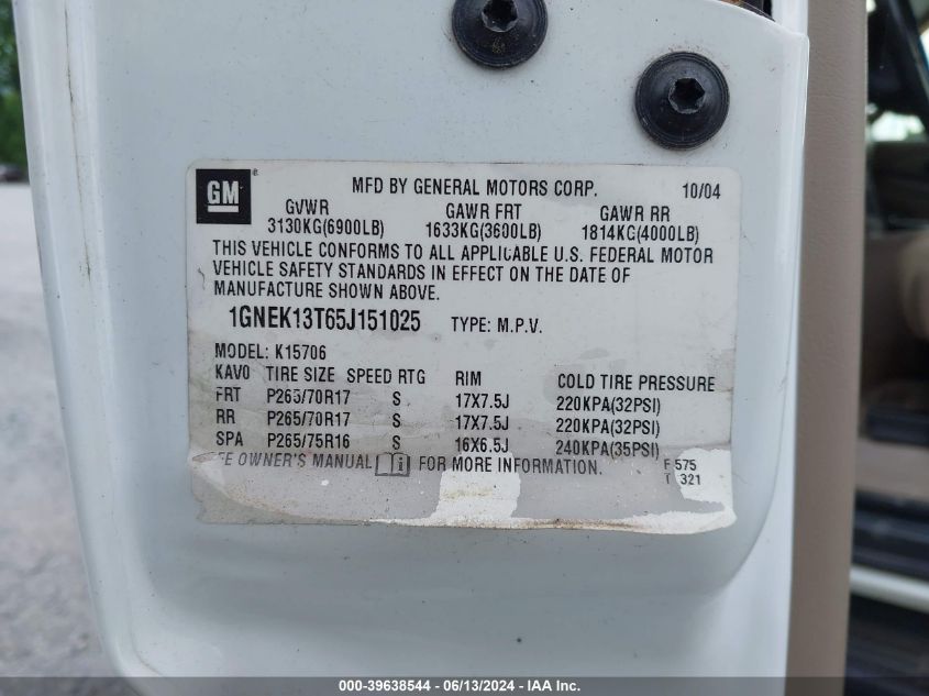 2005 Chevrolet Tahoe Lt VIN: 1GNEK13T65J151025 Lot: 39638544