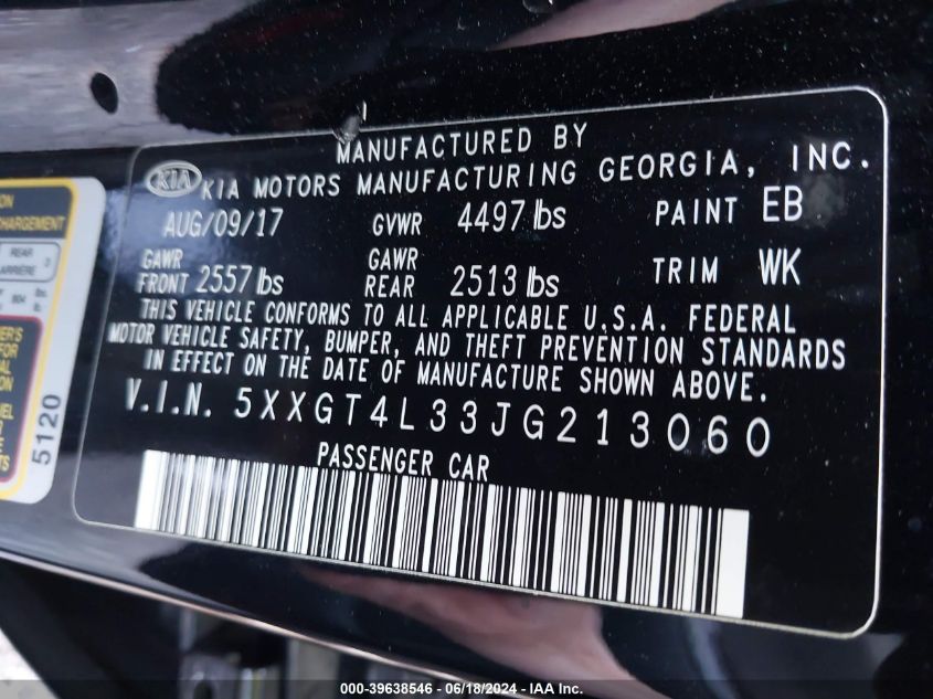 2018 Kia Optima Lx VIN: 5XXGT4L33JG213060 Lot: 39638546