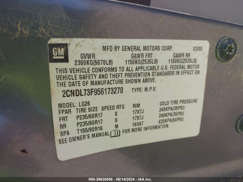 2005 Chevrolet Equinox Lt VIN: 2CNDL63F656163998 Lot: 39638556