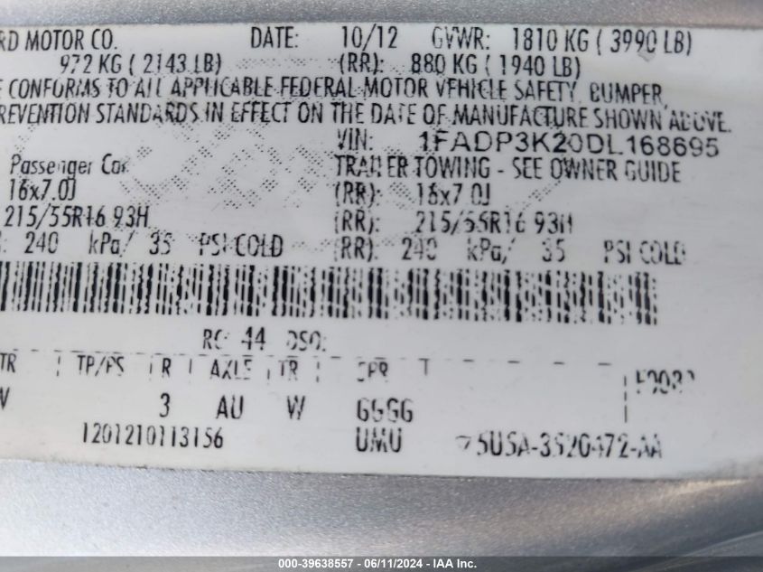 2013 Ford Focus Se VIN: 1FADP3K20DL168695 Lot: 39638557