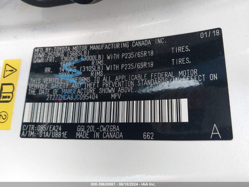 2018 Lexus Rx 350 VIN: 2T2ZZMCA8JC095404 Lot: 39638561