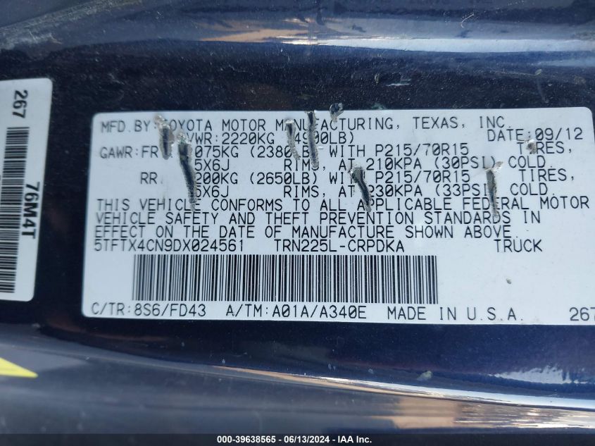 2013 Toyota Tacoma VIN: 5TFTX4CN9DX024561 Lot: 39638565