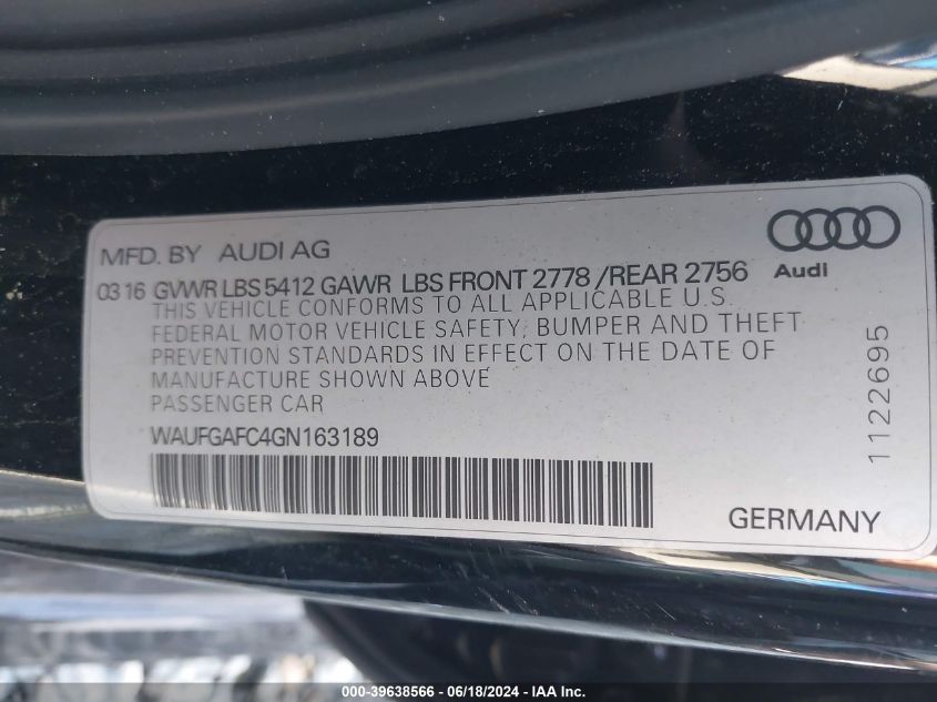 2016 Audi A6 3.0T Premium Plus VIN: WAUFGAFC4GN163189 Lot: 39638566