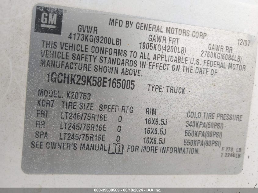 2008 Chevrolet Silverado 2500Hd Lt1 VIN: 1GCHK29K58E165005 Lot: 39638569