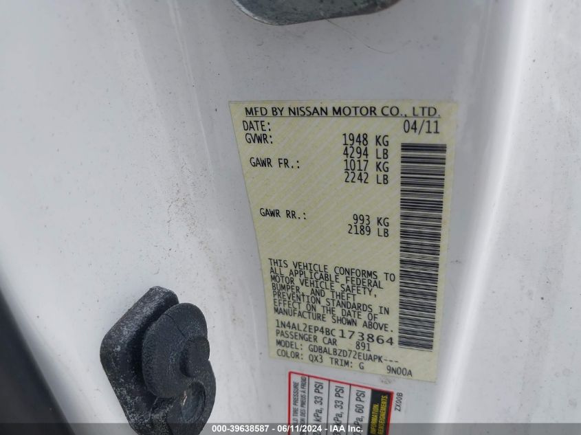 2011 Nissan Altima 2.5 S VIN: 1N4AL2EP4BC173864 Lot: 39638587