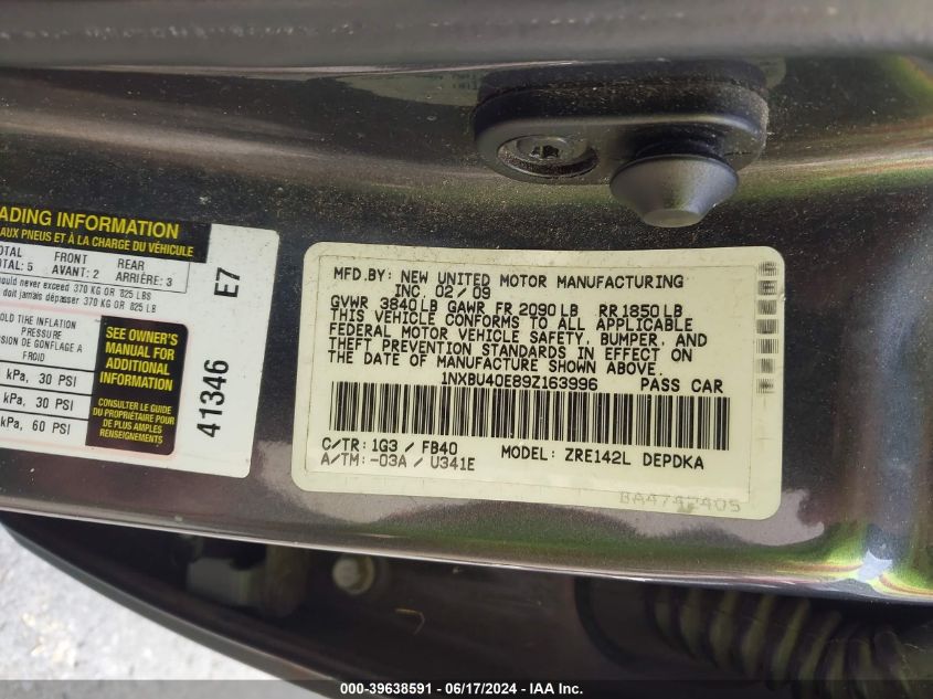 2009 Toyota Corolla Le VIN: 1NXBU40E89Z163996 Lot: 39638591