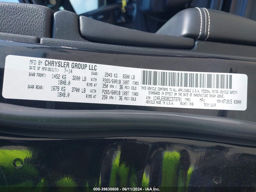 2014 Jeep Grand Cherokee Limited VIN: 1C4RJEBG8EC573701 Lot: 39638608