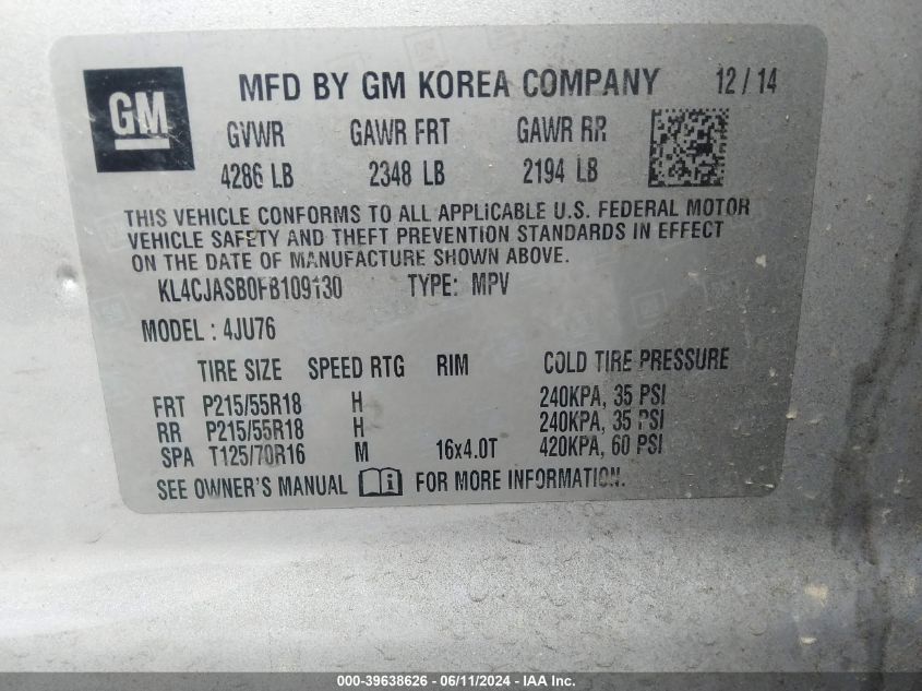 2015 Buick Encore VIN: KL4CJASB0FB109130 Lot: 39638626