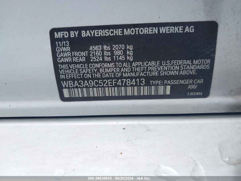 2014 BMW 335I VIN: WBA3A9C52EF478413 Lot: 39638630
