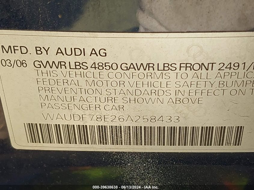 2006 Audi A4 2.0T VIN: WAUDF78E26A258433 Lot: 39638638