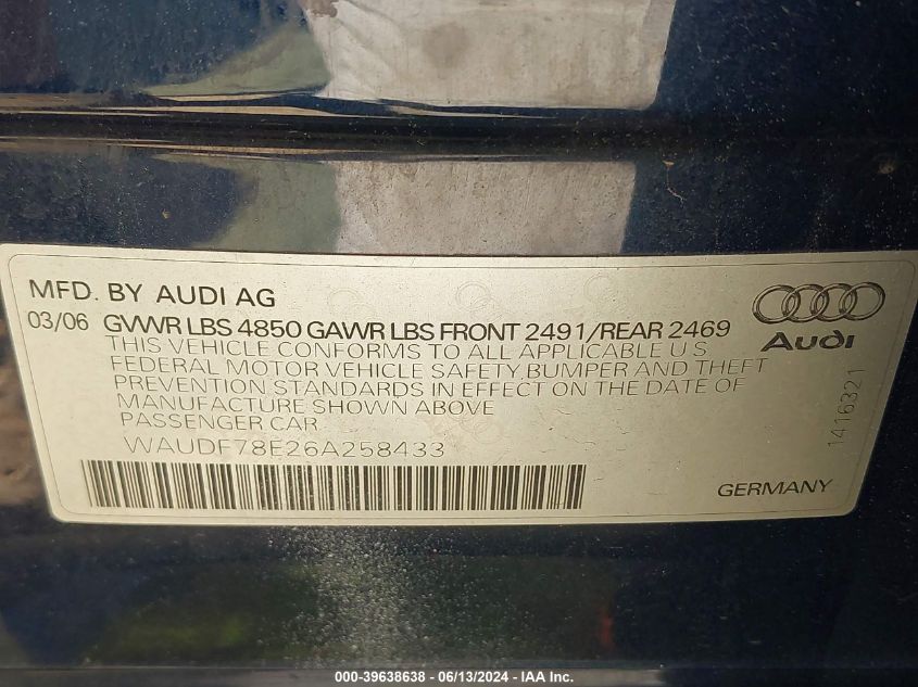 2006 Audi A4 2.0T VIN: WAUDF78E26A258433 Lot: 39638638