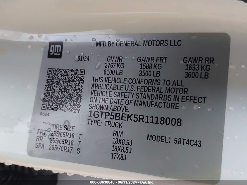 VIN 1GTP5BEK5R1118008 2024 GMC CANYON 2WD ELEVATION