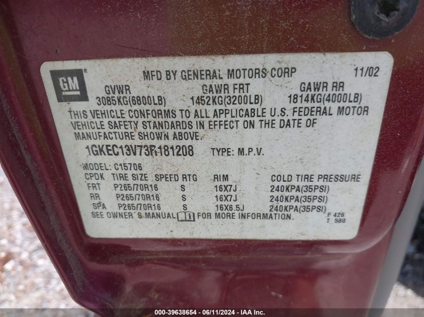 1GKEC13V73R181208 2003 GMC Yukon Slt