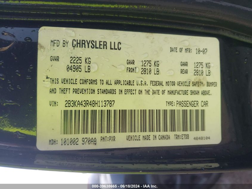 2008 Dodge Charger VIN: 2B3KA43R48H113787 Lot: 39638665