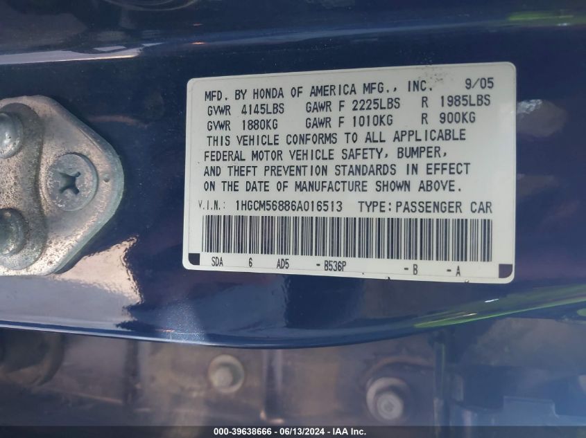 2006 Honda Accord 2.4 Ex VIN: 1HGCM56886A016513 Lot: 39638666