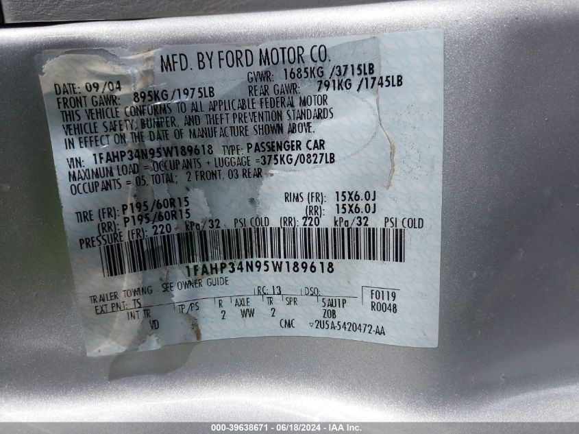2005 Ford Focus Zx4 VIN: 1FAHP34N95W189618 Lot: 39638671