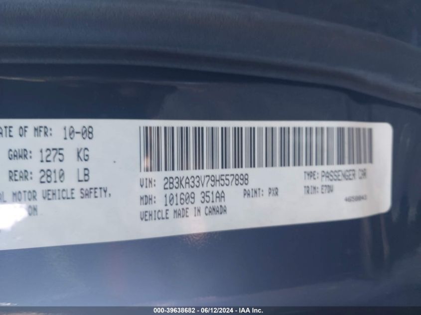 2009 Dodge Charger Sxt VIN: 2B3KA33V79H557898 Lot: 39638682