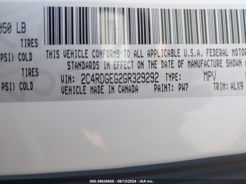 2016 Dodge Grand Caravan R/T VIN: 2C4RDGEG2GR329292 Lot: 39638685