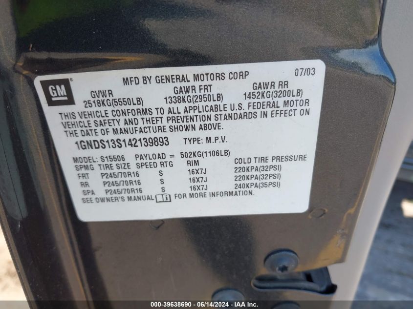 2004 Chevrolet Trailblazer Ls VIN: 1GNDS13S142139893 Lot: 39638690