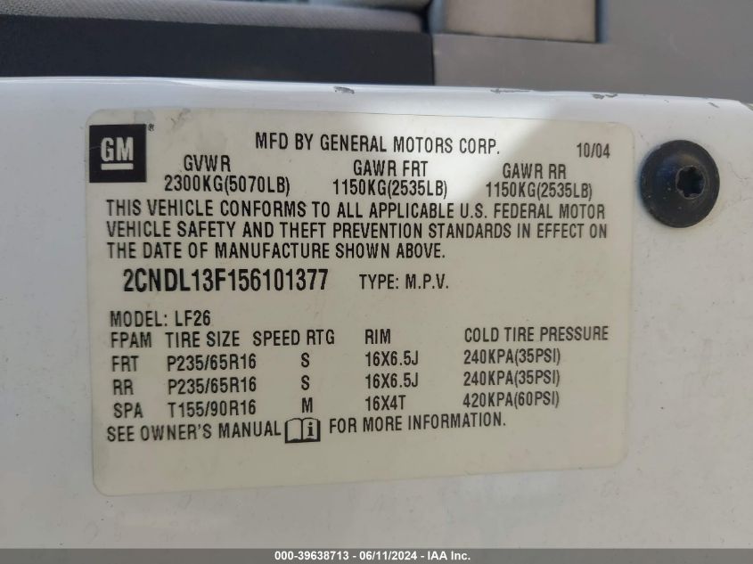 2005 Chevrolet Equinox Ls VIN: 2CNDL13F156101377 Lot: 39638713