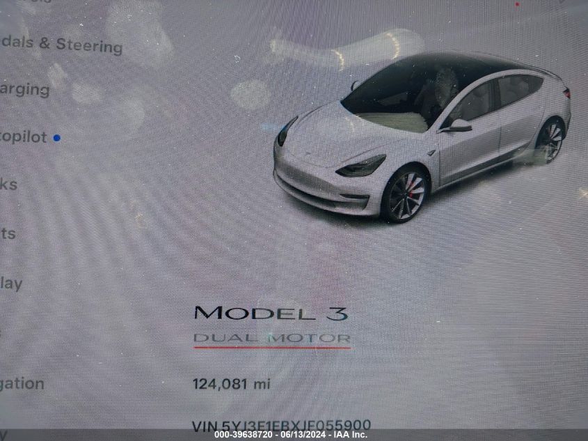 2018 Tesla Model 3 Long Range/Performance VIN: 5YJ3E1EBXJF055900 Lot: 39638720