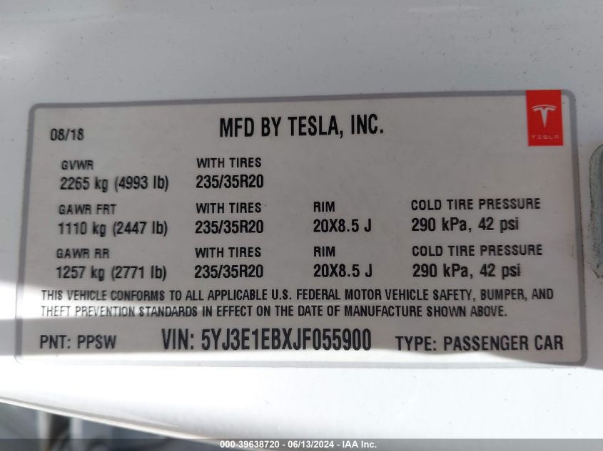 2018 TESLA MODEL 3 - 5YJ3E1EBXJF055900