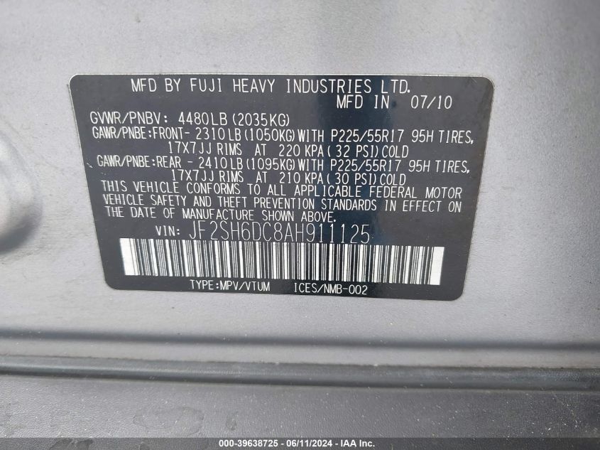 2010 Subaru Forester 2.5X Limited VIN: JF2SH6DC8AH911125 Lot: 39638725