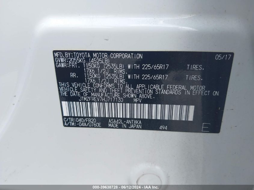 2017 Toyota Rav4 Le VIN: JTMZFREV7HJ717130 Lot: 39638728
