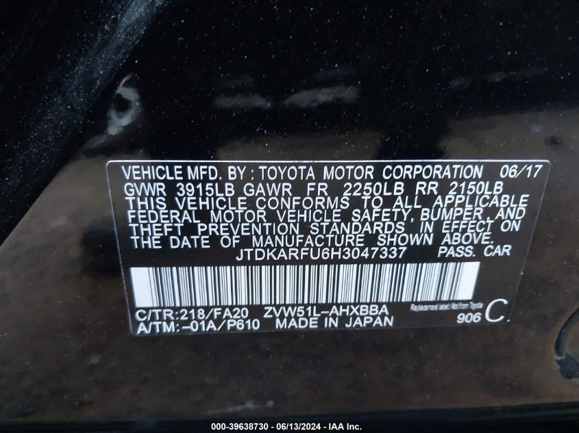 2017 Toyota Prius Two Eco VIN: JTDKARFU6H3047337 Lot: 39638730