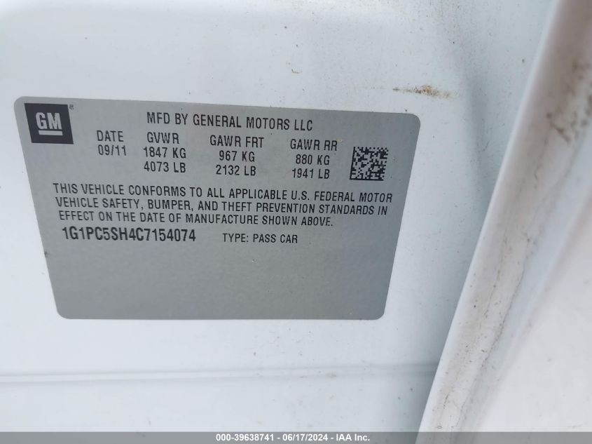 2012 Chevrolet Cruze Ls VIN: 1G1PC5SH4C7154074 Lot: 39638741