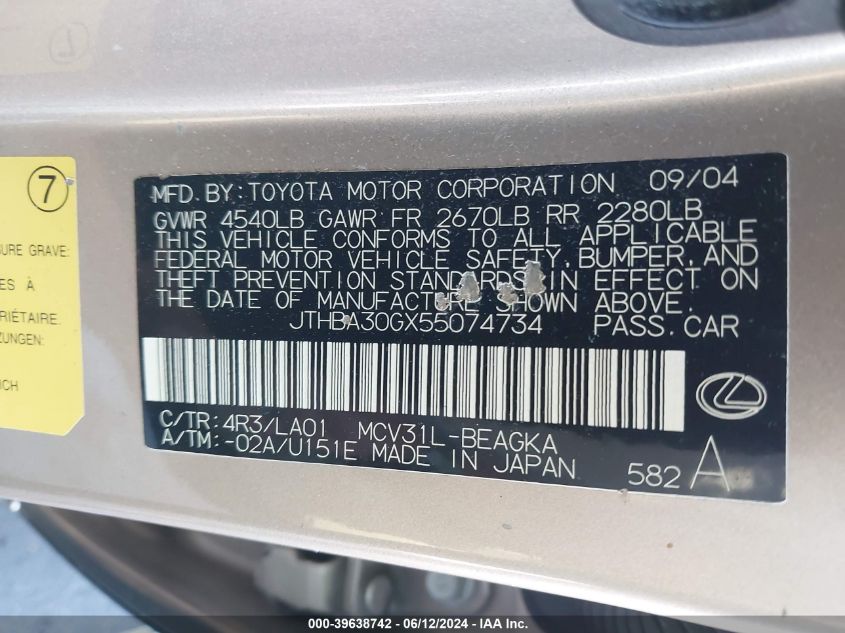 2005 Lexus Es 330 VIN: JTHBA30GX55074734 Lot: 39638742