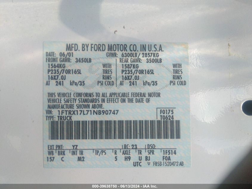 2001 Ford F-150 Lariat/Xl/Xlt VIN: 1FTRX17L71NB90747 Lot: 39638750