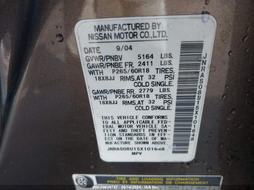 2005 Infiniti Fx35 VIN: JNRAS08U15X101648 Lot: 39638757