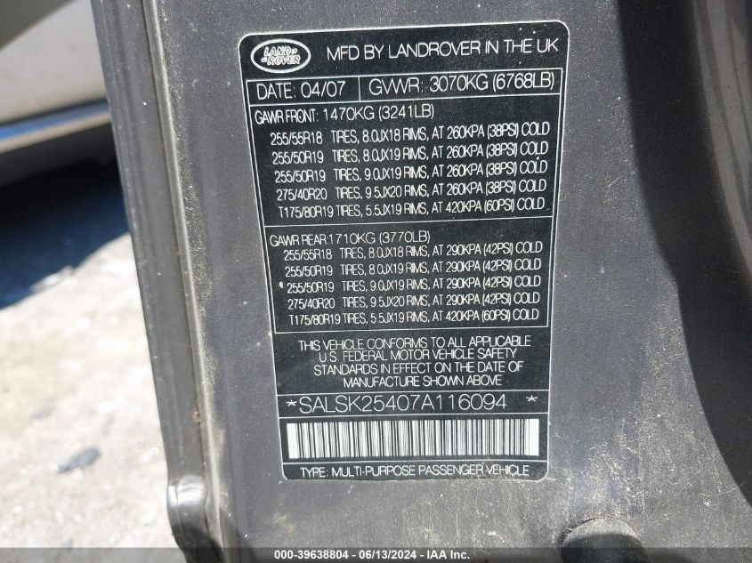 2007 Land Rover Range Rover Sport Hse VIN: SALSK25407A116094 Lot: 39638804