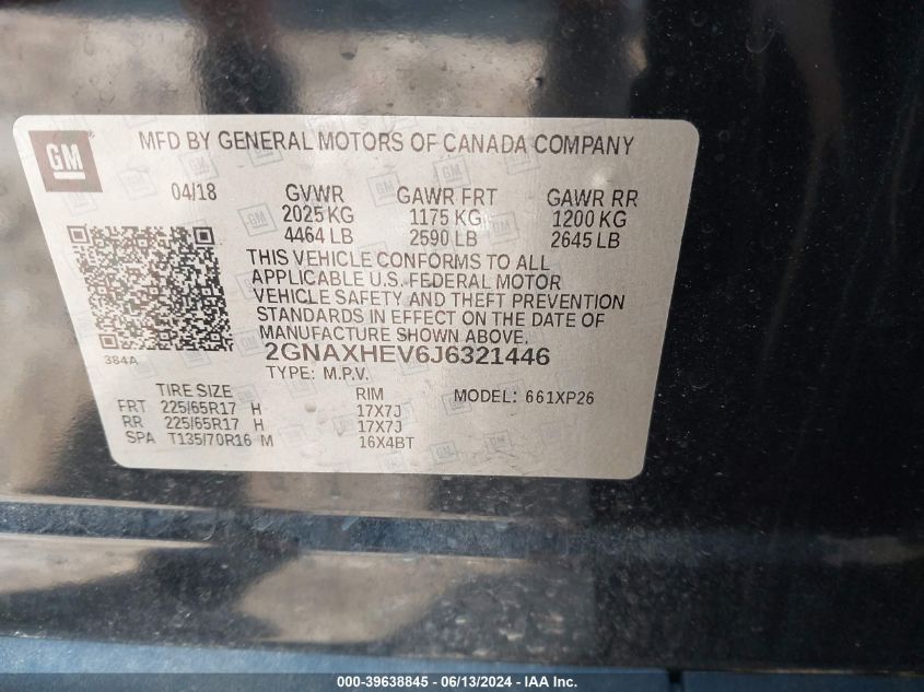 2018 Chevrolet Equinox Ls VIN: 2GNAXHEV6J6321446 Lot: 39638845