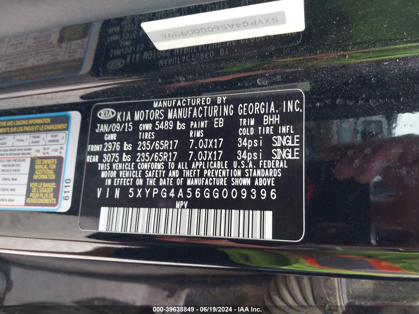 2016 Kia Sorento Lx/L VIN: 5XYPG4A56GG009396 Lot: 39638849