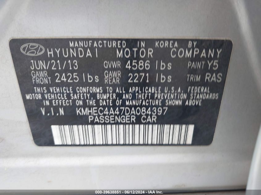 2013 Hyundai Sonata Hybrid Limited VIN: KMHEC4A47DA084397 Lot: 39638851