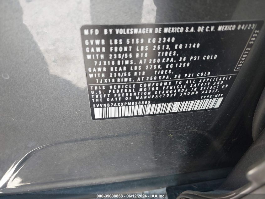 2023 Volkswagen Tiguan 2.0T Se VIN: 3VVNB7AXXPM098869 Lot: 39638858
