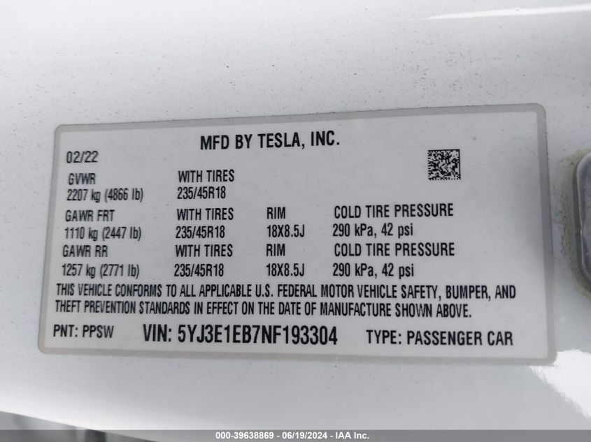 2022 Tesla Model 3 Long Range Dual Motor All-Wheel Drive VIN: 5YJ3E1EB7NF193304 Lot: 39638869