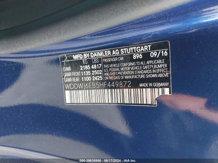 2017 Mercedes-Benz Amg C 43 4Matic VIN: WDDWJ6EB5HF449872 Lot: 39638886