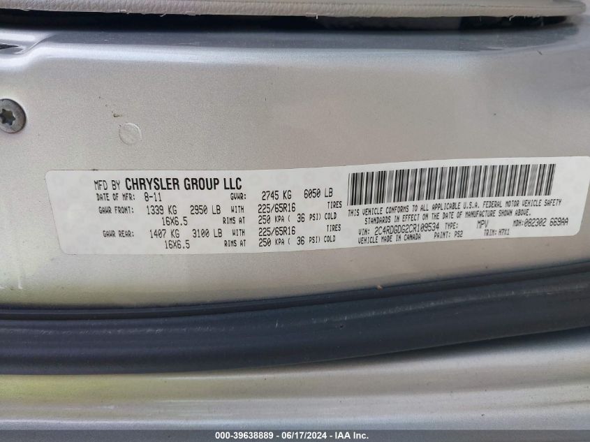 2012 Dodge Grand Caravan Crew VIN: 2C4RDGDG2CR109534 Lot: 39638889