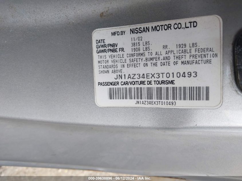 2003 Nissan 350Z Touring VIN: JN1AZ34EX3T010493 Lot: 39638896
