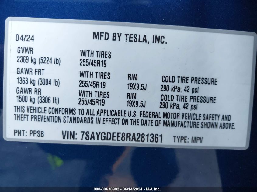 2024 Tesla Model Y Long Range Dual Motor All-Wheel Drive VIN: 7SAYGDEE8RA281361 Lot: 39638902