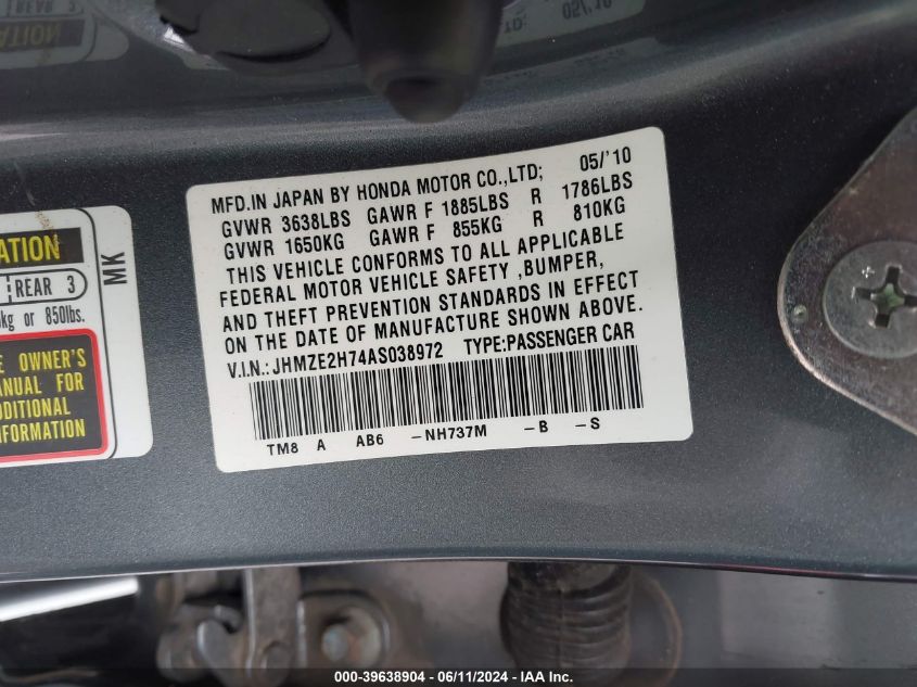 2010 Honda Insight Ex VIN: JHMZE2H74AS038972 Lot: 39638904